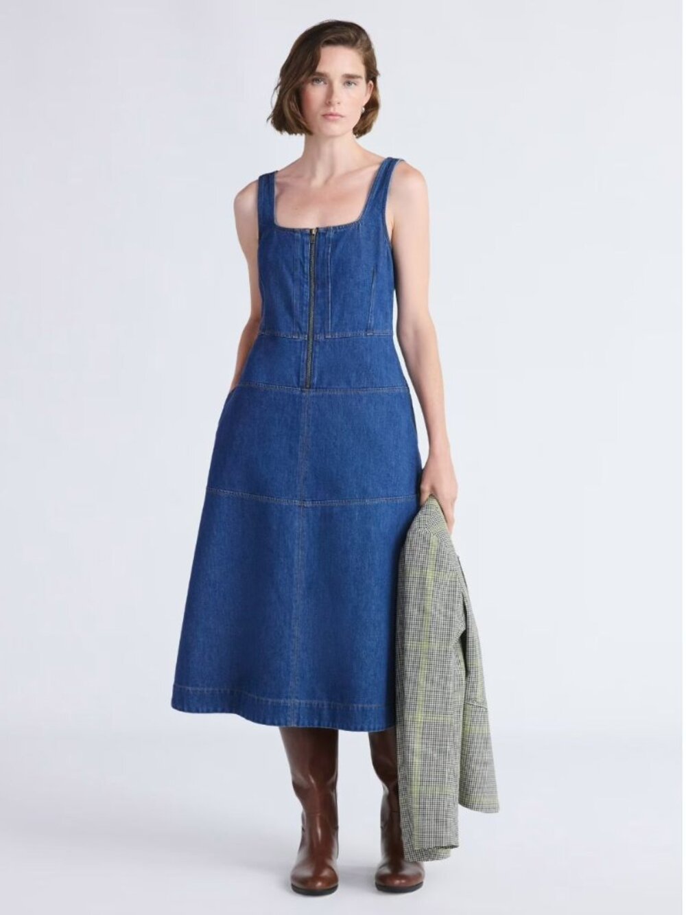 New Free Assembly Women Med Sleeveless Square Neck Denim Midi Dress Front Zipper